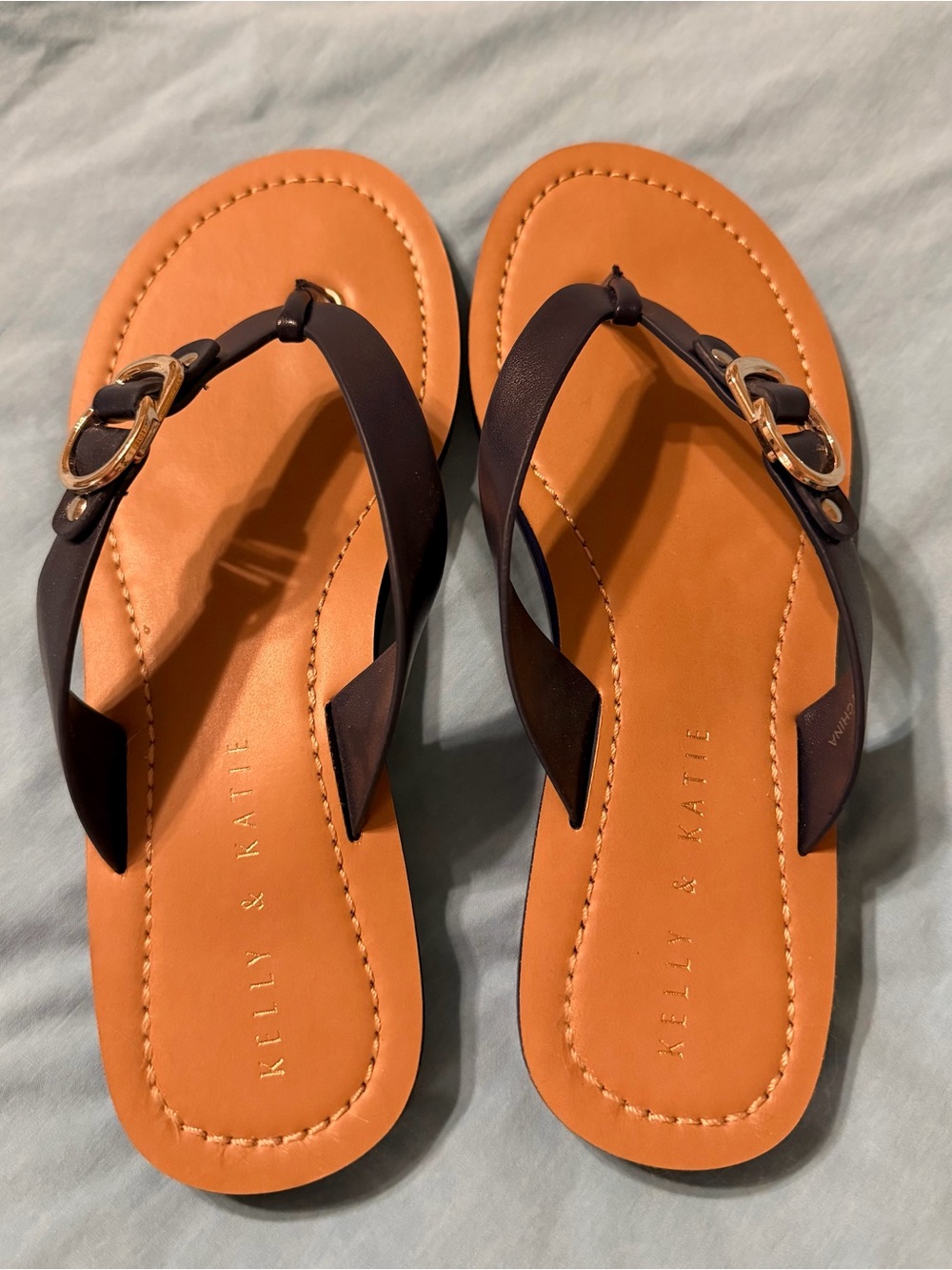 Kelly & Katie Tan Flip Flop Sandals with Navy Strap and Gold Buckle